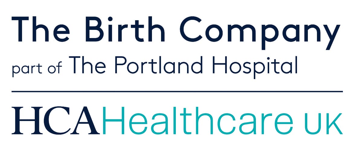 Logo for The Birth Company (part of The Portland Hospital) with a navy line divider and the HCA Healthcare UK wordmark in teal.